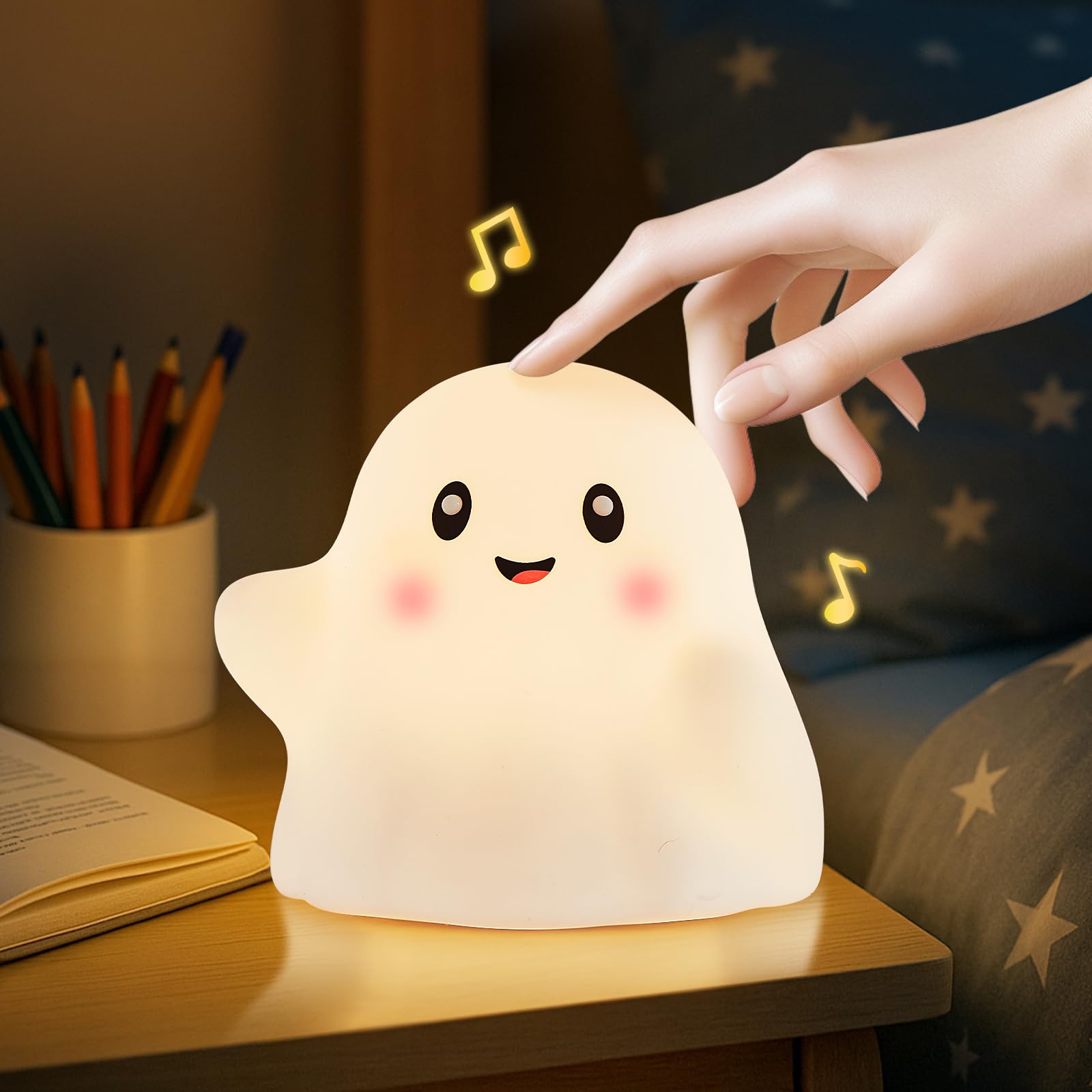 Halloween Cute Ghost Night Light for Kids - Touch & Squishy Silicone, Fun Sounds, 30-Min Timer - Nursery/Bedside Light f