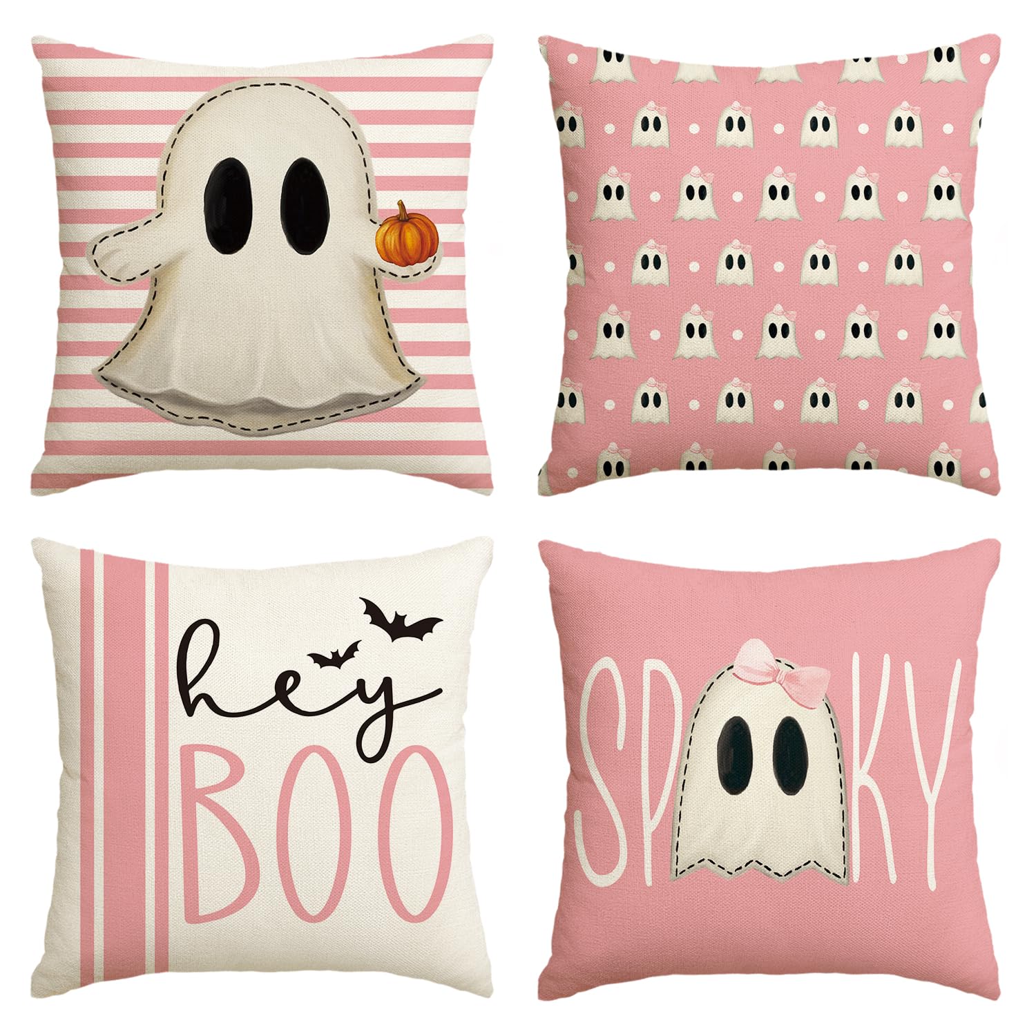 AVOIN Colorlife Halloween Spooky Pink Ghost Throw Pillow Covers for sofa couch, Set of 4, 18x18 Inch Horror Scary Cushio
